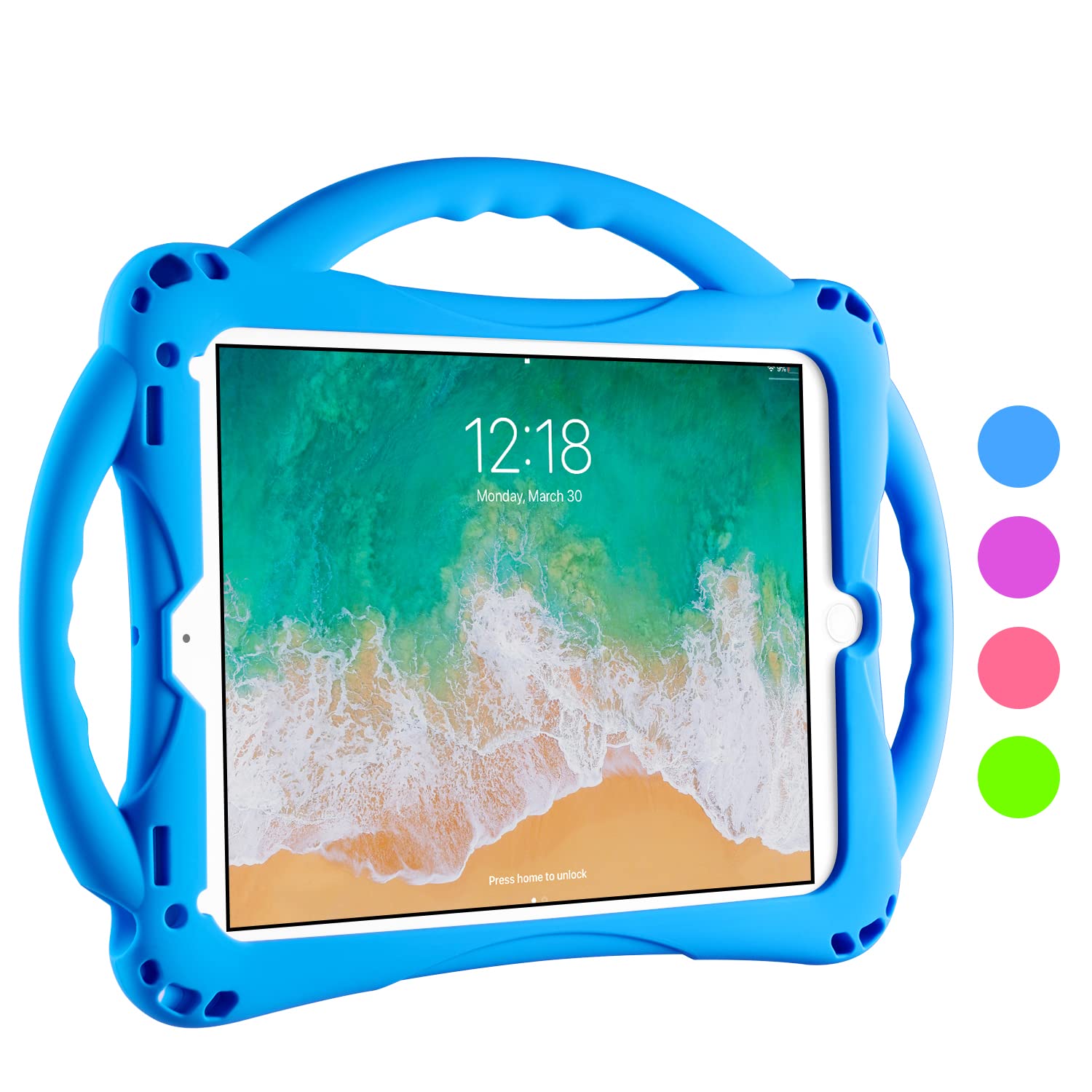 TopEsct Kids Case for iPad 6th/5th Gen, iPad Air/Air 2 & iPad Pro 9.7 inch, Built-in Handle Stand Comes with a Strap, Silicone Shockproof Protective Cover (Blue)
