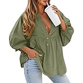 Tankaneo Womens Puff Sleeve Babydoll Tops V Neck Button Down Blouse Cute Casual Loose Fit Flowy Shirts