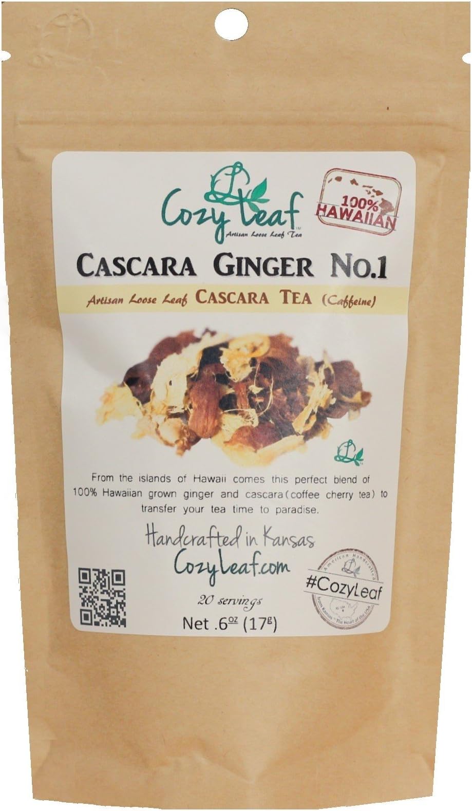CASCARA GINGER NO. 1 - 100% Hawaiian Grown Organic Artisan Loose Leaf Herbal Tea - FORMULATED and BLENDED by Cozy Leaf in Wichita, Kansas USA