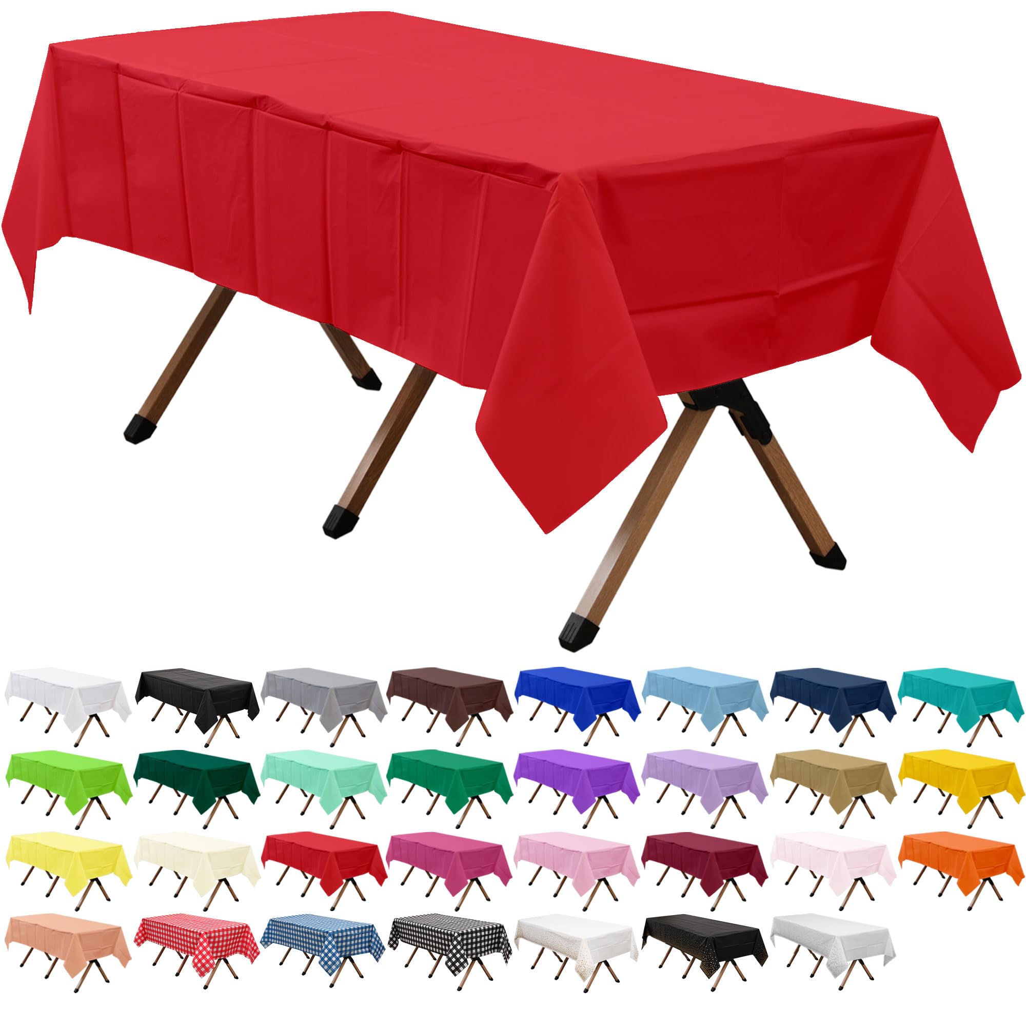 Photo 1 of dinexlence 2 Pack Red Premium Plastic Tablecloth Rectangle 54 x 108 Inches Reusable Ruby Red Decorative Table Cover for Dining, Wedding, Party, Indoor and Outdoor use