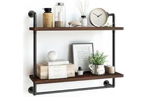 Fixwal 2 Tier Over The Toilet Storage, 24in Bathroom Shelves Wall Mounted, Rustic Wood Industrial Pipe Shelf, Floating Shelf for Bathroom, Living Room, Kitchen, Bedroom (Dark Carbonized Black)