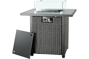 Furnivilla Fire Pit 50,000 BTU Propane Fire Pit Gas Fire Pit Outdoor Firepit Table Outdoor Fireplace with Glass Wind Guard,Protective Cover,Glass Stones for Outside (SQR-Black)