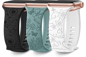 AMSKY 3 Pack Floral Engraved Band Compatible with Apple Watch Bands for Women 40mm 41mm 38mm 42mm 44mm 45mm 49mm,Silicone Cute Wildflowers Sport Laser Strap for iWatch Bands Series 9 Ultra SE 8 6 5 4 3 2 1
