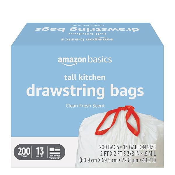 AMAZON BASICS SCENTED TRASH BAGS, TALL KITCHEN DRAWSTRING, CLEAN FRESH SCENT, 13 GALLON, 200 COUNT, PACK OF 1