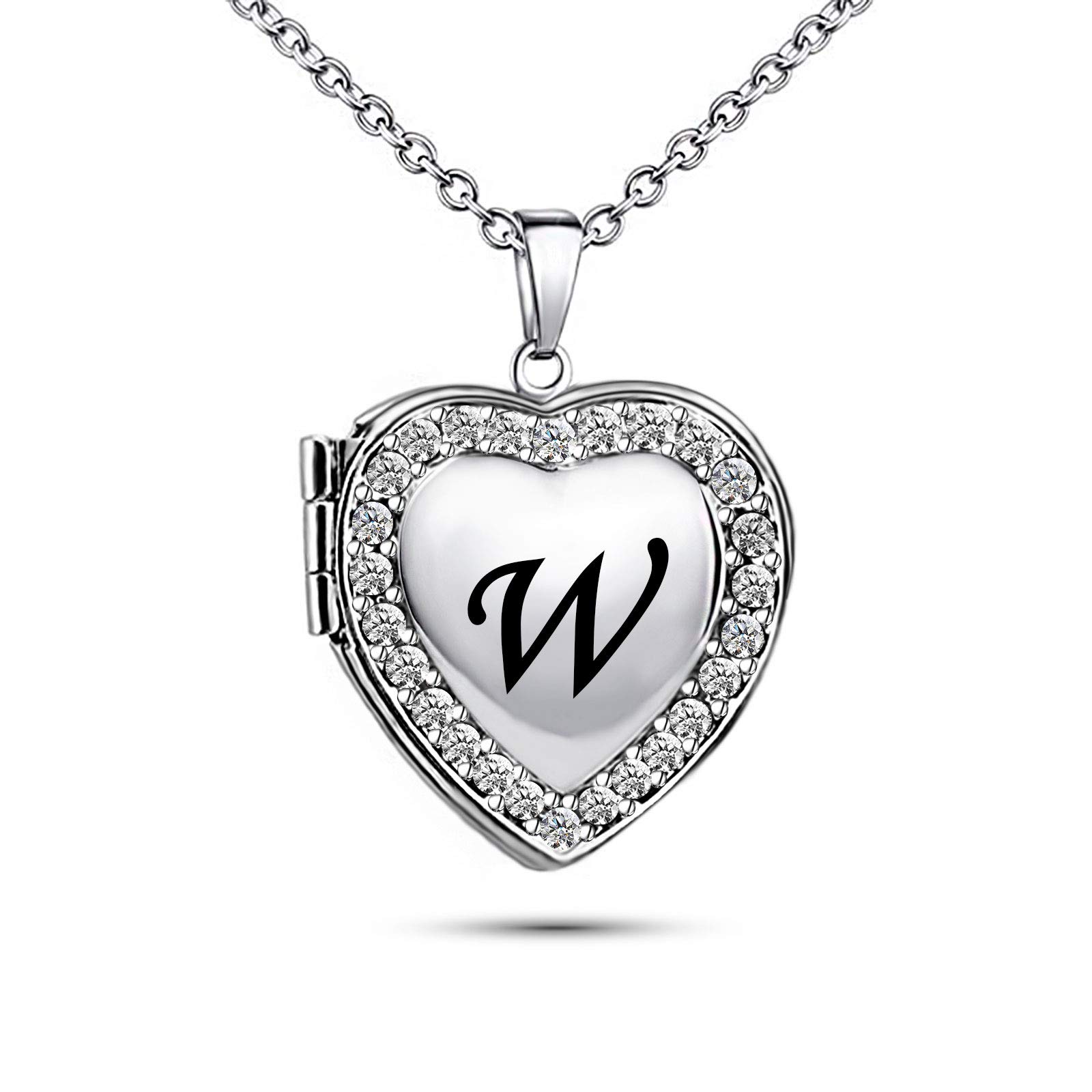 KunBead Jewelry Heart Love Name Initial Alphabet Letter W Charm Necklace Photo Picture Mum Locket Pendant Necklace