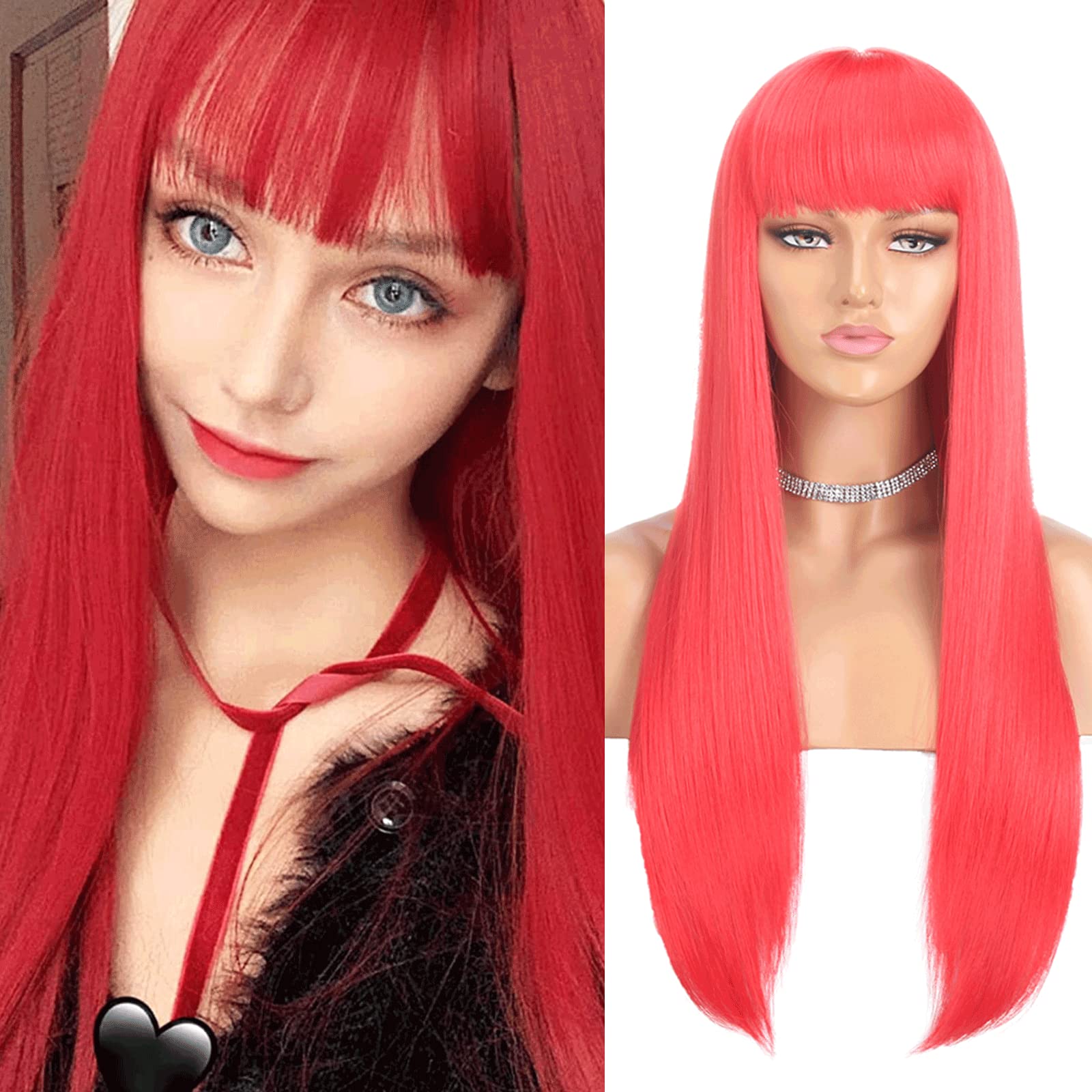 Xtrend 26 Inch Red Long Straight Wigs with Bangs for Women Girls Cosplay Costume Daily Wear Synthetic Wig with Fringe Straight Heat Resistant Synthetic wigs