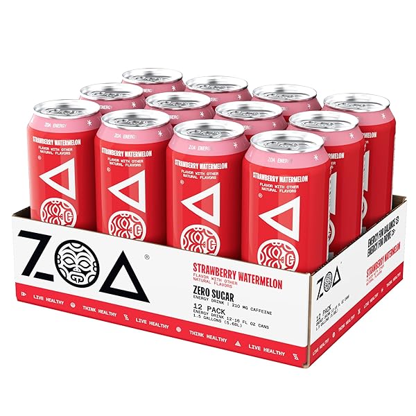 ZOA ZERO SUGAR ENERGY DRINKS – STRAWBERRY WATERMELON | HEALTHY ENERGY FORMULA WITH DAILY VITAMIN C, ESSENTIAL B-VITAMINS, ALL NATURAL CAFFEINE | NO CRASH OR JITTERS | 16 OUNCE CANS (PACK OF 12)
