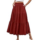 HUSKARY Women's Summer Casual Elegant Smock Layered Tiered Maxi Skirt High Waisted A Line Flowy Long Skirts with Pockets