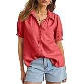 Cicy Bell Womens Puff Short Sleeve Button Down Shirts Summer Casual Collared V Neck Blouse Linen Loose Fit Work Tops