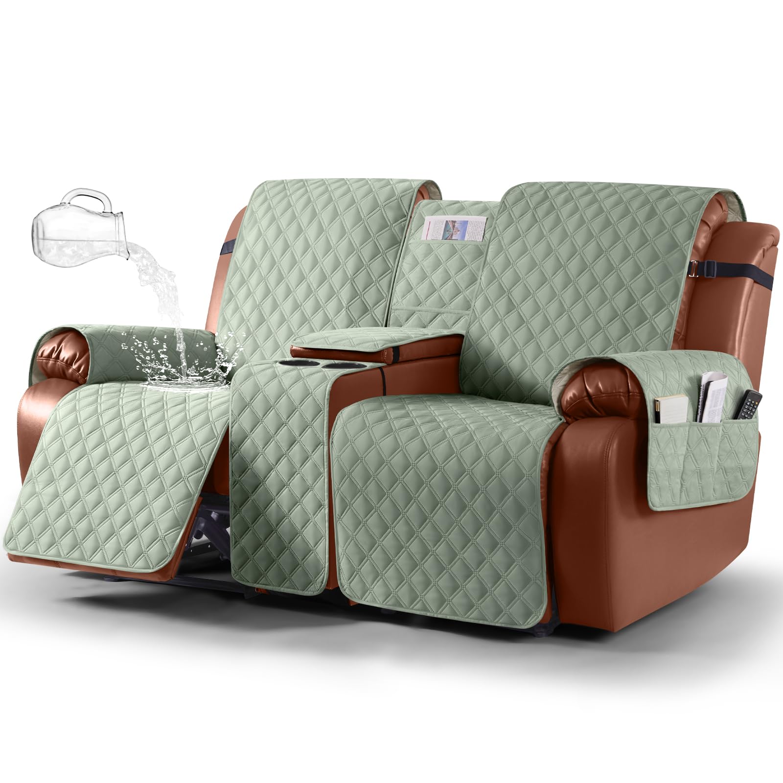 Photo 1 of Ruaozz Waterproof Loveseat Recliner Cover with Console Non-Slip Reclining Couch Covers Split Sofa Slipcovers with Elastic Straps for Kids, Dogs, Pets (Sage Green, 2 Seater)