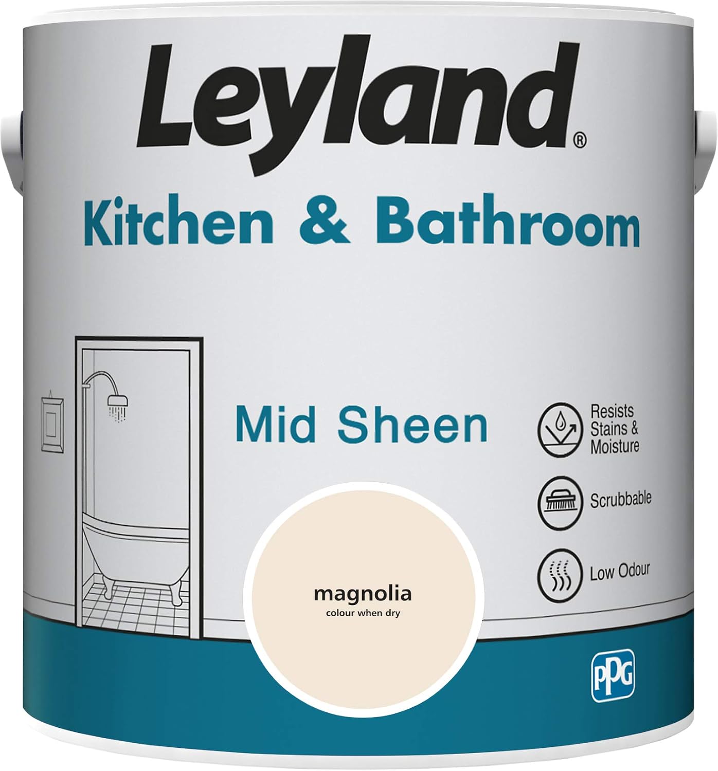 Leyland Kitchen & Bathroom Mid Sheen, Magnolia, 2.5 Litre, 2.5 l (Pack of 1)
