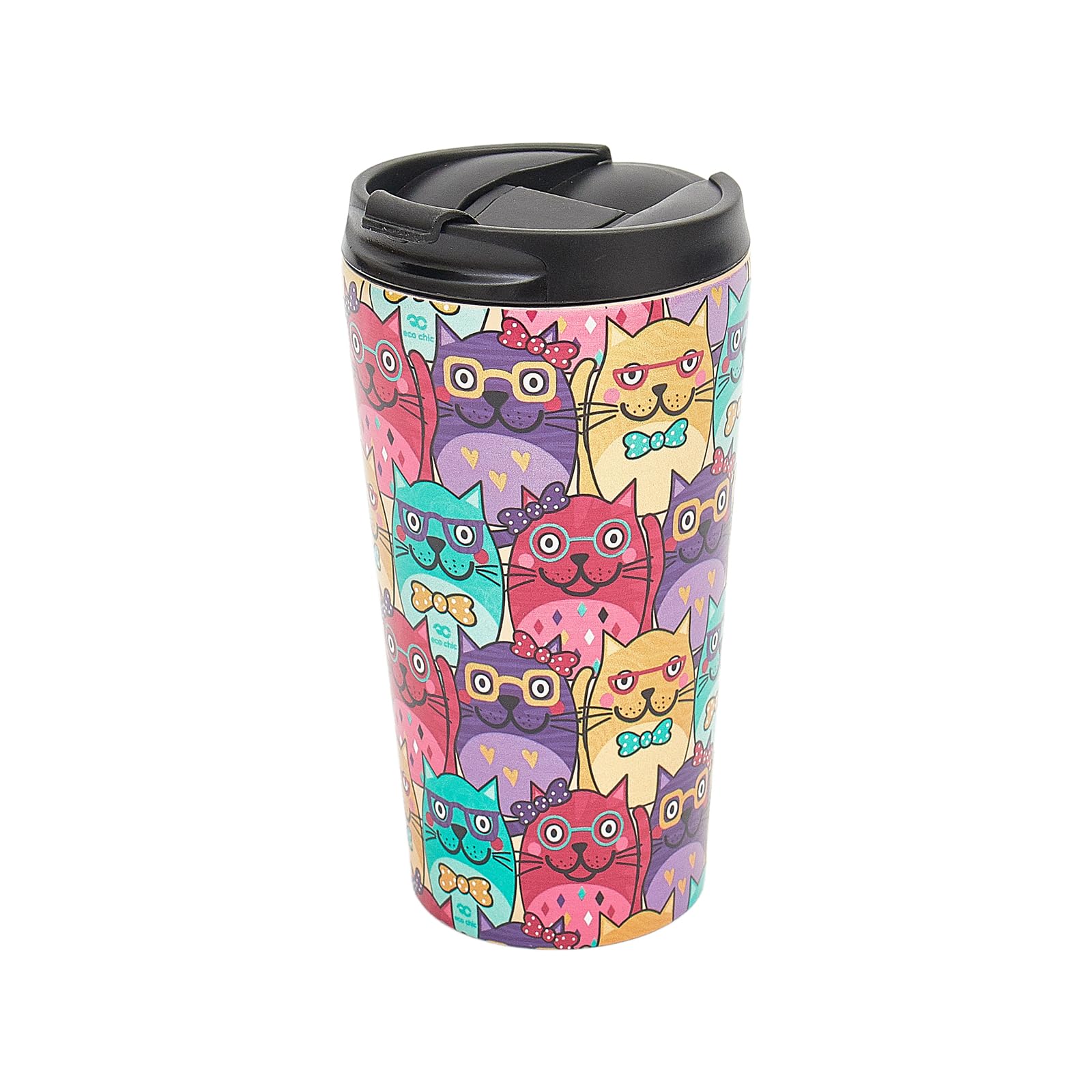 Eco Chic Reusable Thermal Coffee Cup Stainless Steel Leakproof Insulated 330ml Travel Mug (Glasses Cats Multiple)