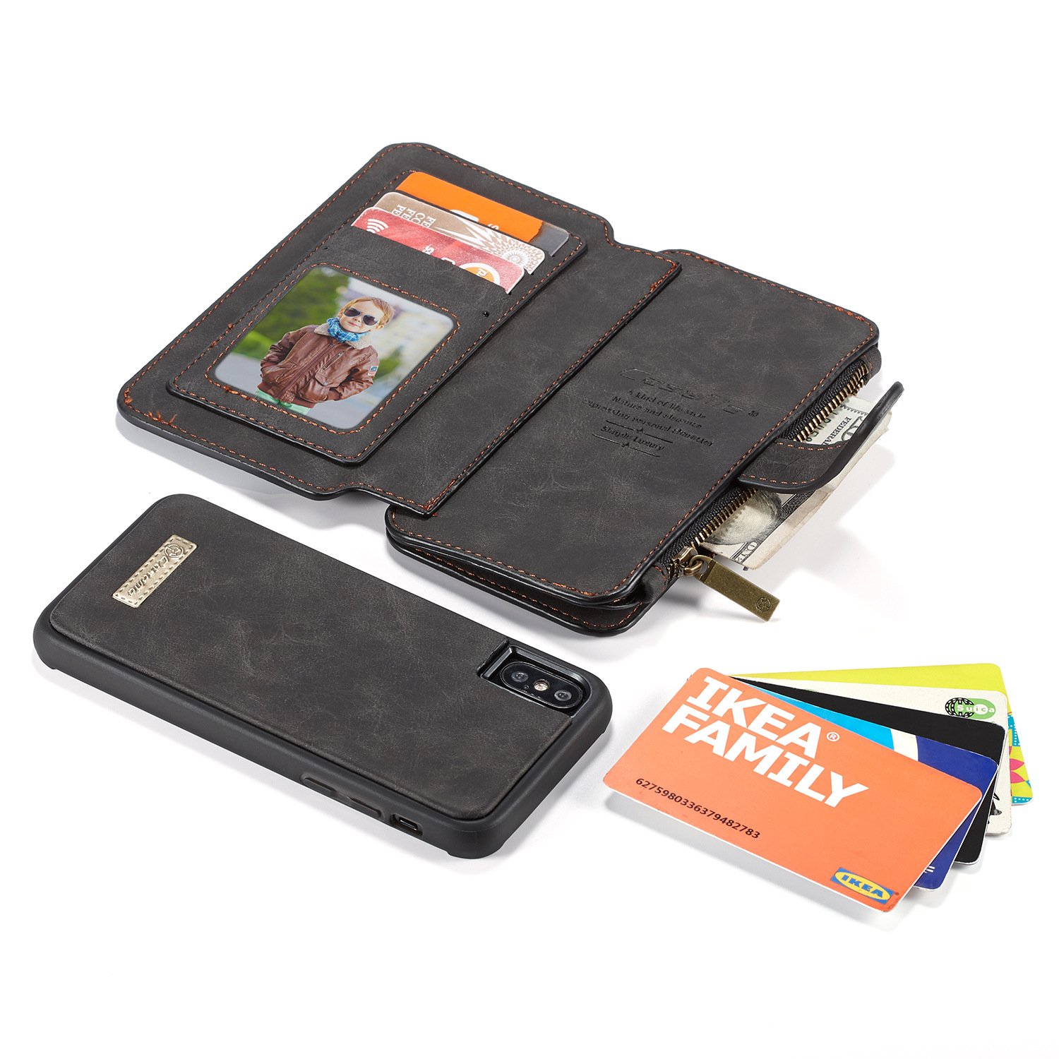 iPhone X Case Combo - Yamoo iPhone X Genuine Leather Wallet Case with Detachable Magnetic Hard Case, Card Holder (Black), iPhone X 3D Full Coverage HD Clear 9H Tempered Glass Screen Protector