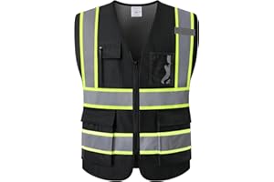 Kazsaifo Reflective Safety Vest for Men Women with 5 Pockets and Zipper Front High Visibility Mesh Vest Hi Vis Construction Work Vest,Meets ANSI/ISEA Standards(KZ177-Black-XL)