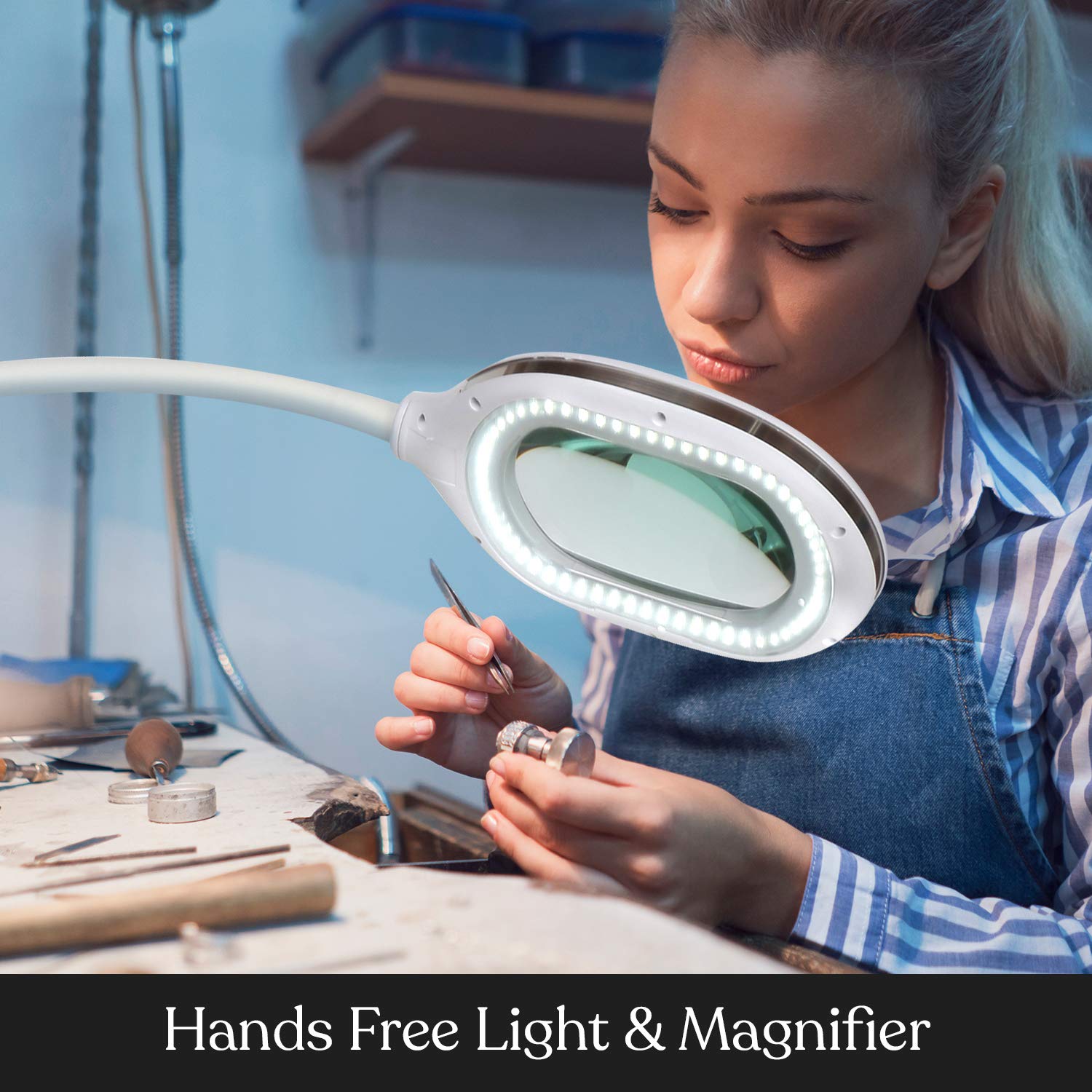 Brightech LightView Pro Magnifying LED Desk Lamp with Light, Hobbies & Reading, Flexibility & Durability Magnifying Floor Lamp, 3 in 1 LED Light Glass Magnifier, Work Light for Pro Uses - White