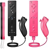 PGYFDAL Wii Controller 2 Pack, Wii Remote Controller and Nunchuck Joystick with Silicone Case and Wrist Strap for Holiday (Black and Pink)