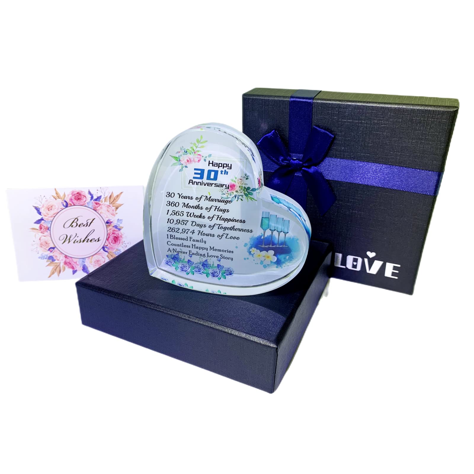 30th Pearl Wedding Anniversary Romantic Gifts for Women,30 Years Anniversary Wedding Gifts for Wife Girlfriend Couple, Crystal Heart Marriage Keepsake,30th Wedding Anniversary Present for Her Blue