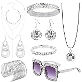 70s Disco Accessories for Women Disco Costume Accessory Set Coil Bracelet 70s Sunglasses Triple-Layered Choker Gold Disco Earrings Sequin Headband Diamond Bracelet Ball Necklace Earring for Party Halloween