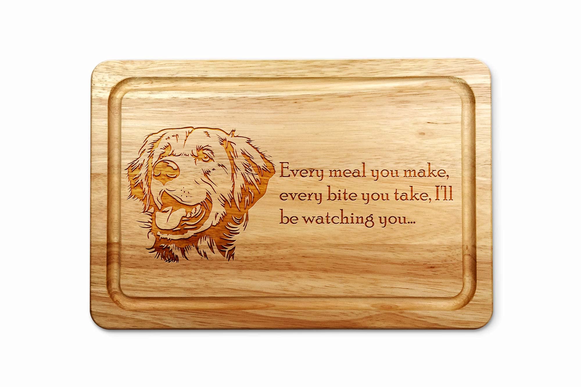 Hardwood Chopping Board with Golden Retriever Dog Design - 30x20 cm Kitchen Cutting Board with Juice Groove - Gift Idea for Him or Her, Christmas & Birthdays - Made in The UK