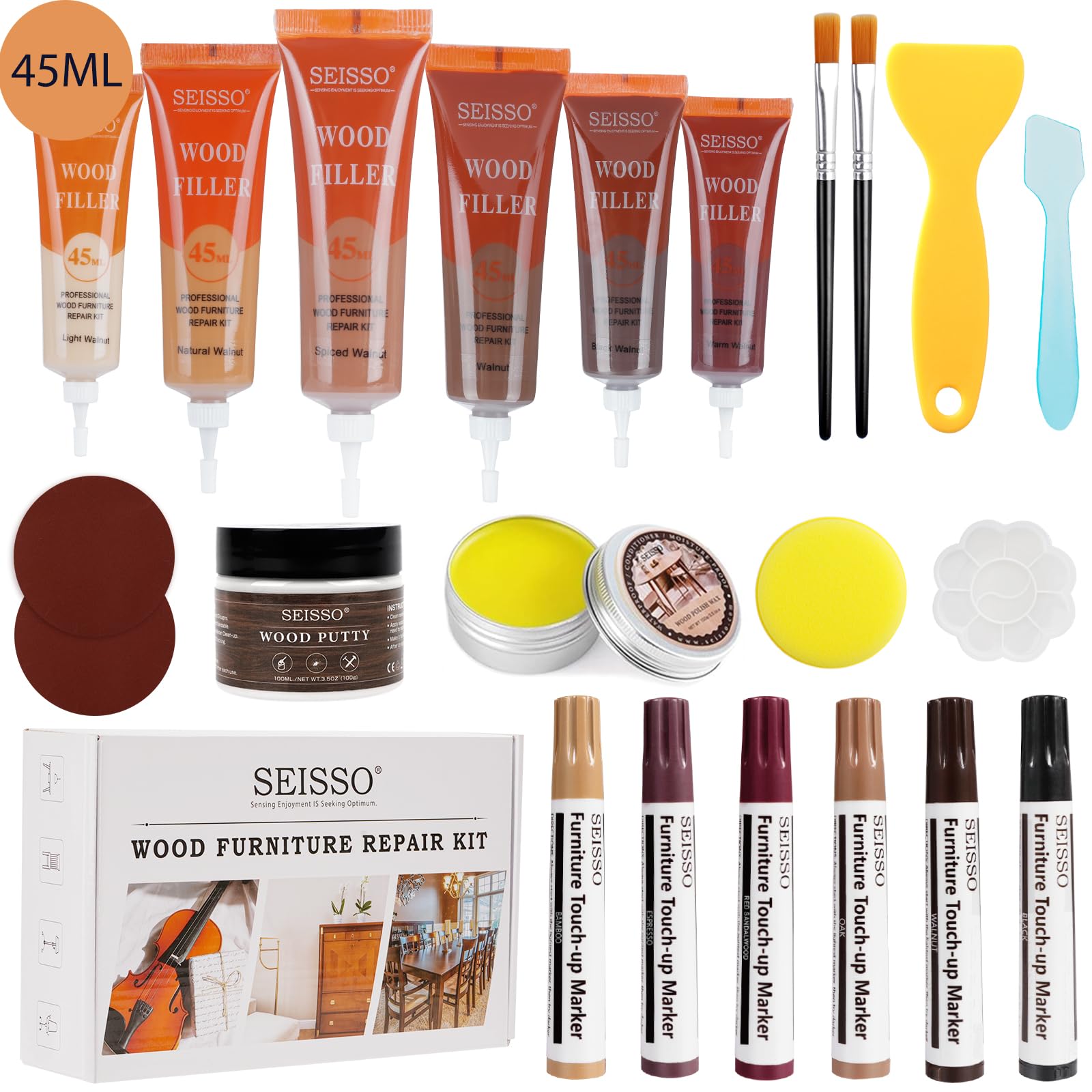 SEISSO 21Pcs with 45ML Wood Filler Wood Furniture Repair Set, Dark Colored Furniture Repair Set with White Wood Putty, Wood Wax Oil, Repair, Floor Scratch Repair kit for Restoring Scratches, Stains
