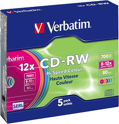 Verbatim 43167 CD-RW 80min 12x Rewriteable Colour Discs 5 Pack Slim Case