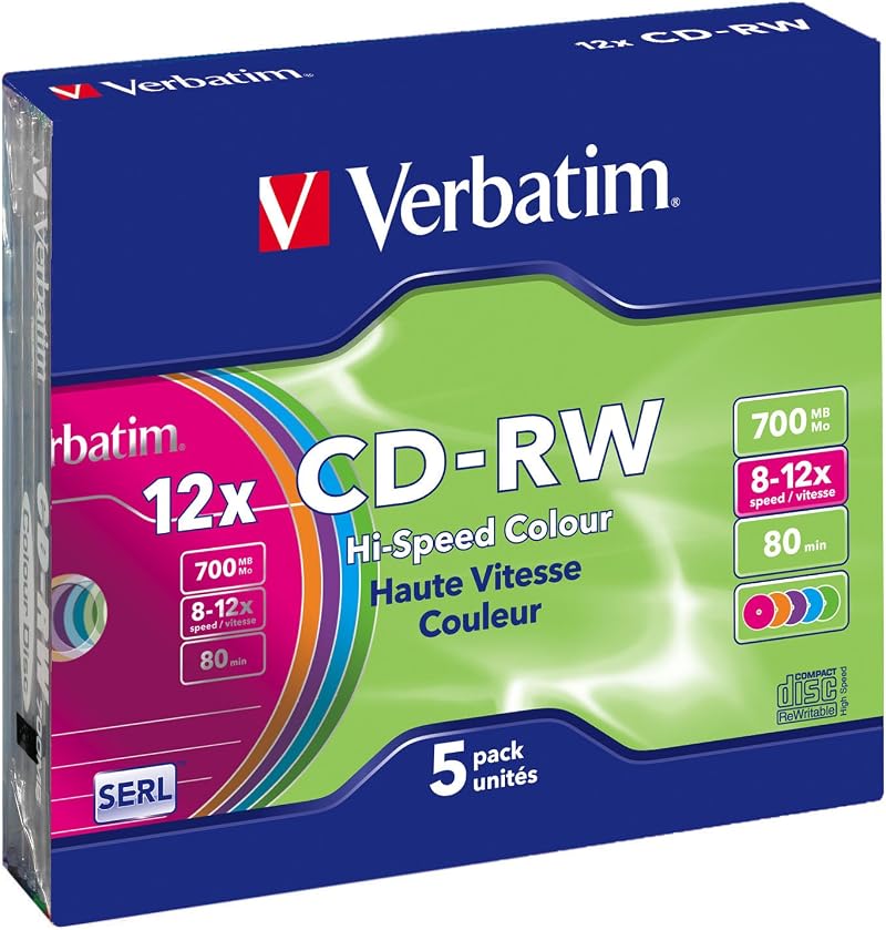 Verbatim 43167 CD-RW 80min 12x Rewriteable Colour Discs 5 Pack Slim Case
