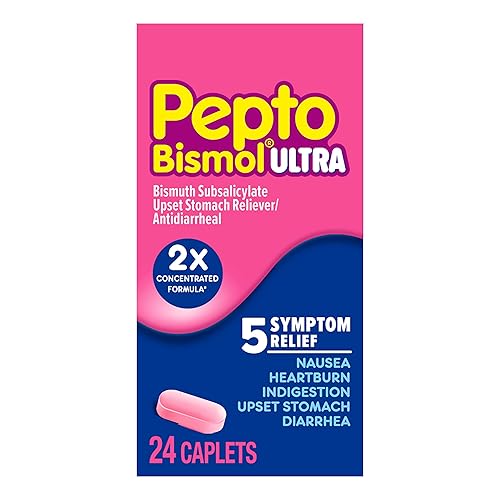 Pepto Bismol Caplets Ultra for Nausea, Heartburn, Indigestion, Upset Stomach, and Diarrhea - 5 Symptom Fast Relief, 24 ct