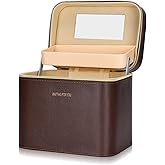Sluxa Luxury brown makeup box, Portable leather hard cosmetic case with mirror, Sturdy train case make up box for women adults. (Double-layer-Brown)