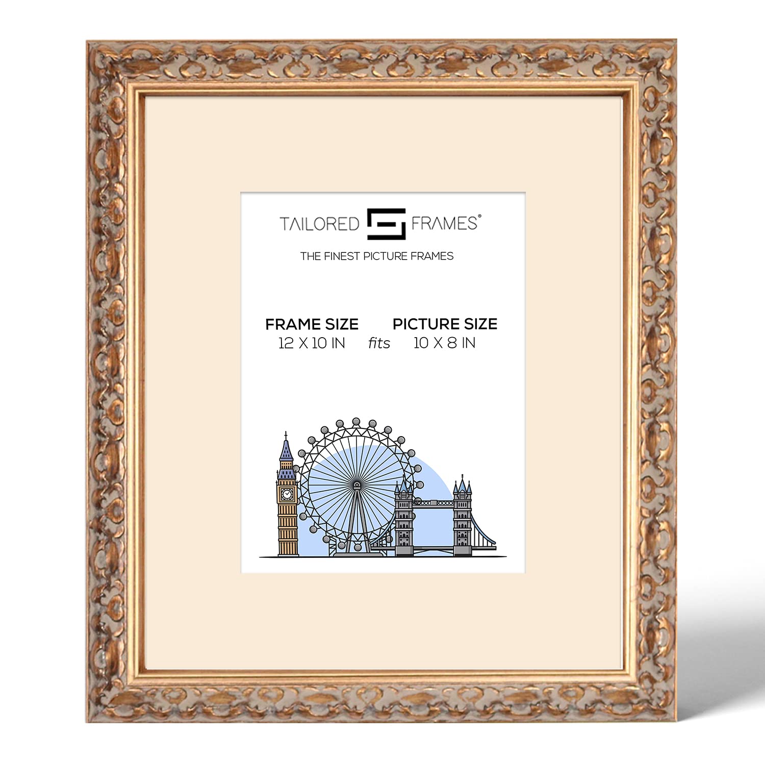Tailored Frames Vienna Gold Frame for Frame 12"x10" for 10"x8" Picture | Rustic Style Vintage Single Picture Frame | Table Top & Wall Hanging Type | Photo Frame with Antique White Mount