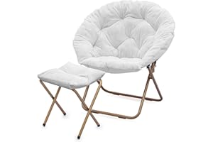 MoNiBloom Round Folding Faux Fur Saucer Chair for Bedroom Living Room Dorm Foldable Metal Frame Oversized Large Comfy Furry Padded Soft Cozy Moon Chair with Footrest Ottoman for Adults (White)