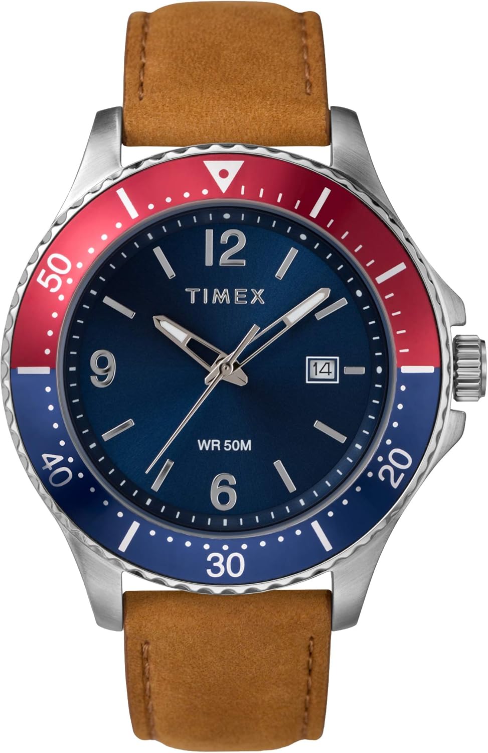Timex Men's DiverInspired 3Hand 43mm Watch SilverTone Case Blue Dial Red Accents with Tan
