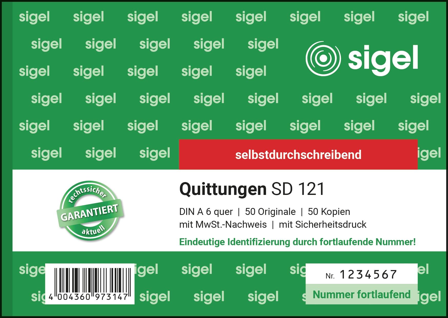 Sigel 2x40Blatt Carbonless Duplicate Receipt with Security Print Landscape Numbered, 1 Items, 50 Sheets Pack of 1