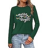 Grezea Christmas Shirts for Women:Merry and Bright T Shirt Long Sleeve Xmas Gift Shirts Christmas Vacation Tees