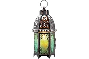DECORKEY Moroccan Decorations for Home, 12.8’’ Vintage Metal Tabletop Candle Lantern, Spring Style Decorative Hanging Lantern, Christmas Halloween Candle Holders for Indoor Outdoor Patio Decor (Green)