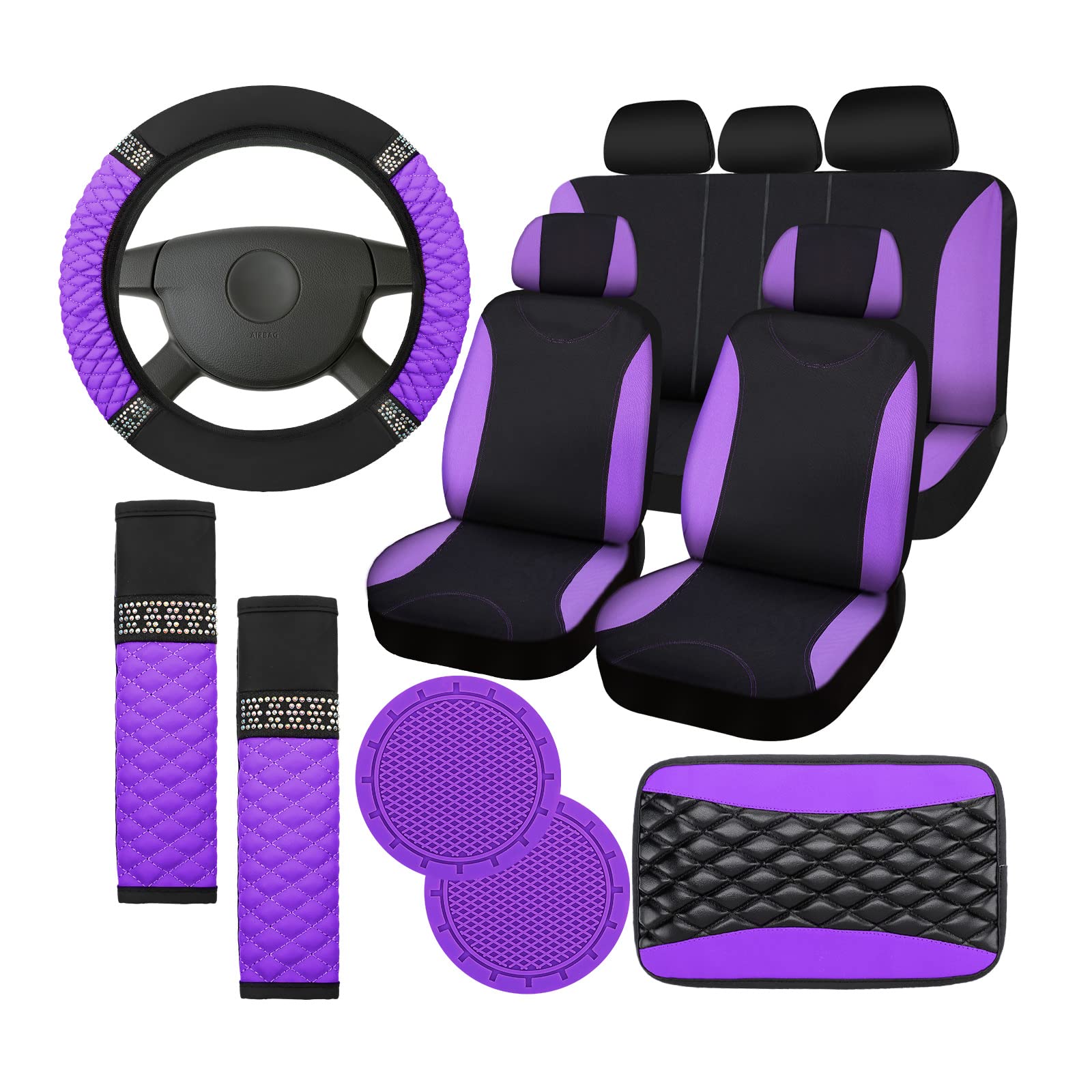 Photo 1 of 17 Pcs Bling Car Accessories Set for Women, Seat Covers Leather Steering Wheel Cover, Seat Belt Shoulder Pad Armrest Cup Holders Covers, Full Crystal Decor Automotive Interior (Purple and Black)