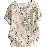 BIVENANT Women's Vintage Linen Tops Short Sleeve Boho Summer Graphic Tees Tunic T Shirts Casual Button Down Blouses