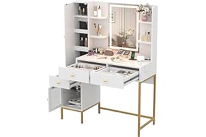 MemoryField Lighted Makeup Vanity Desk, Charging Station & Glass LED Display Cabinet with 3-Color Dimmable Mirror, White