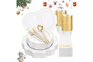 WDF 175Pcs Gold Plates Disposable - White and Gold Plastic Plates 25guest Plastic Dinnerware Ideal for Party/Wedding/Banquets/Thanksgiving/Christmas