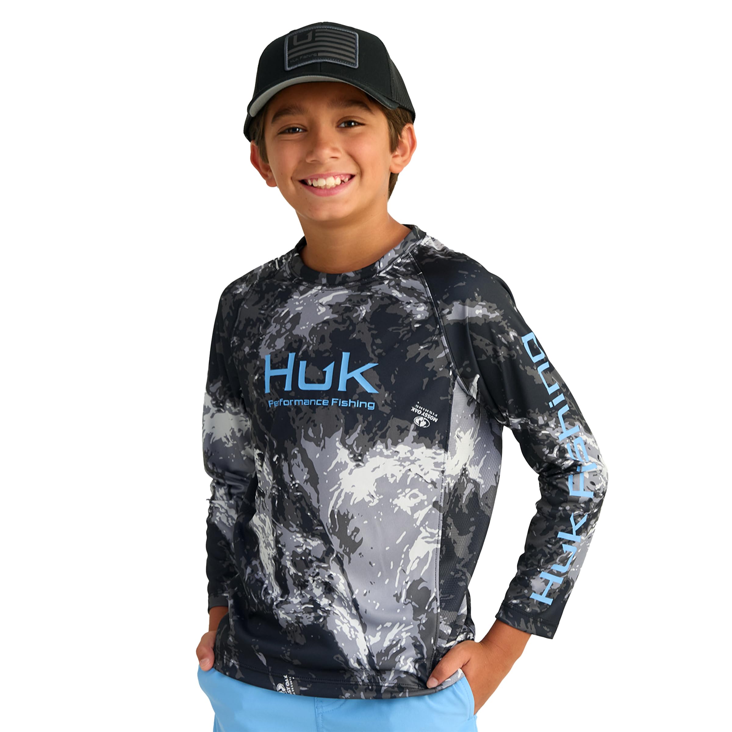 HUK Youth Pursuit Pattern Long Sleeve, Fishing Shirt for Kids, Mossy Oak Stormwater Midnight