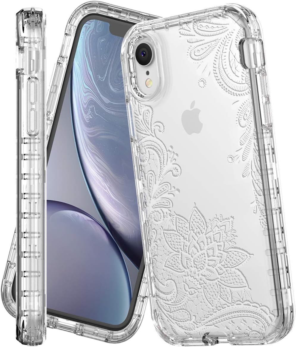 IN4U iPhone XR Case, Shock Resistant Full Body 3in1 Flower Design Girls Protective Cover for iPhone XR [6.1 INCH] Case (White Lace Floral)