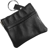 SILVERFEVER Leather Coin Purse Change Holder Squeeze Spring Closure Pouch w Key Ring, 3.5" by 3.5" - Great Gift for Men Women (Black)