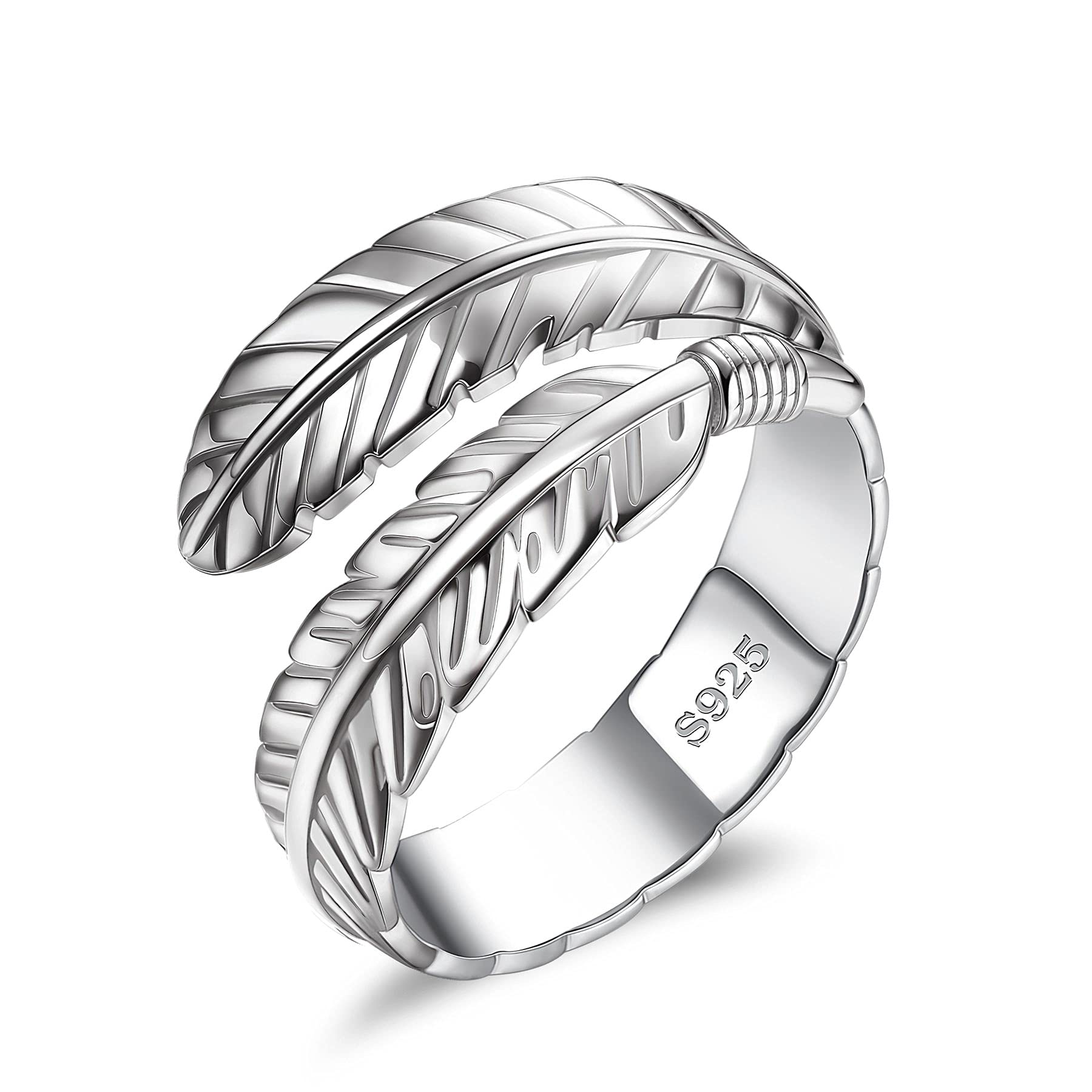 JeweBella 925 Sterling Silver Ring for Women Wedding Eternity Silver Ring Feather Angel Wings Adjustable Open Thumb Rings