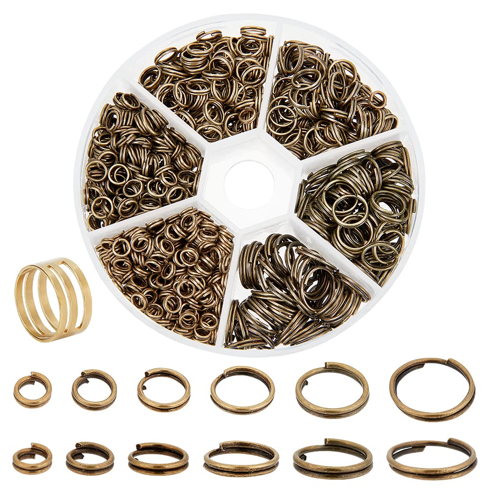 PH PandaHall 900 Pcs 6 Sizes 4/5/6/7/8/10mm Iron Split Rings Double Loop Jump Ring for Jewelry Making Antique Bronze