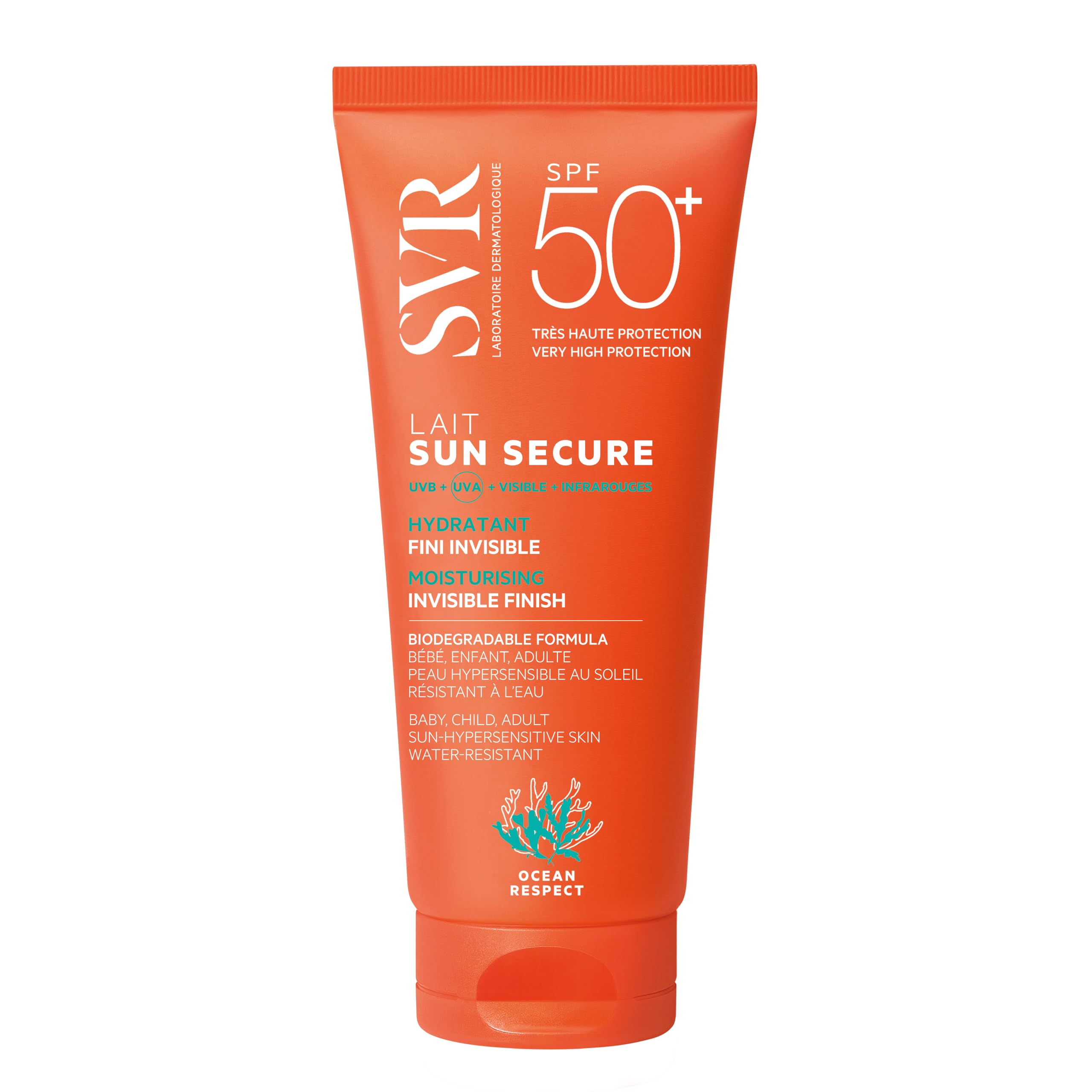 SVR SUN SECURE Face & Body Sunscreen SPF 50+ Milk for All Skin Types, Very High UVA/UVB Factor 50 Sun Cream, Non-Greasy, Reef-Safe, All Ages, 100ml