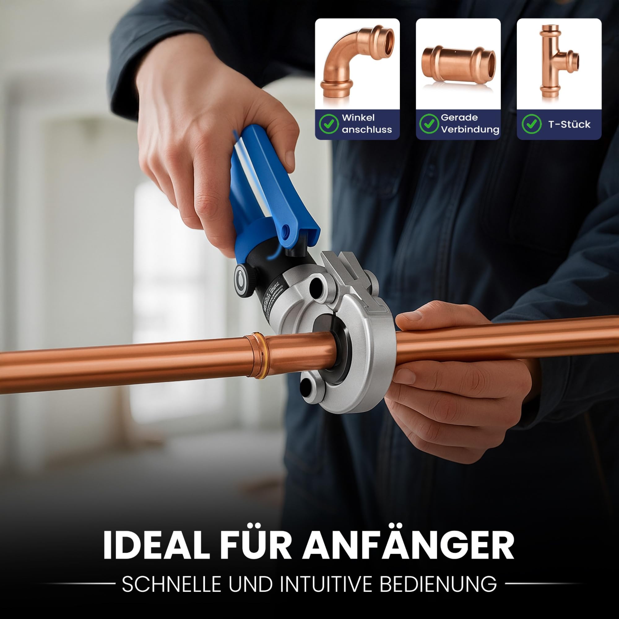 Multischicht & Kupfer Presszange TH‑V mit 10 Backen – Komplettset mit Rohrschneider, Kalibrierer und Entgrater – Kompatibel mit PER 8