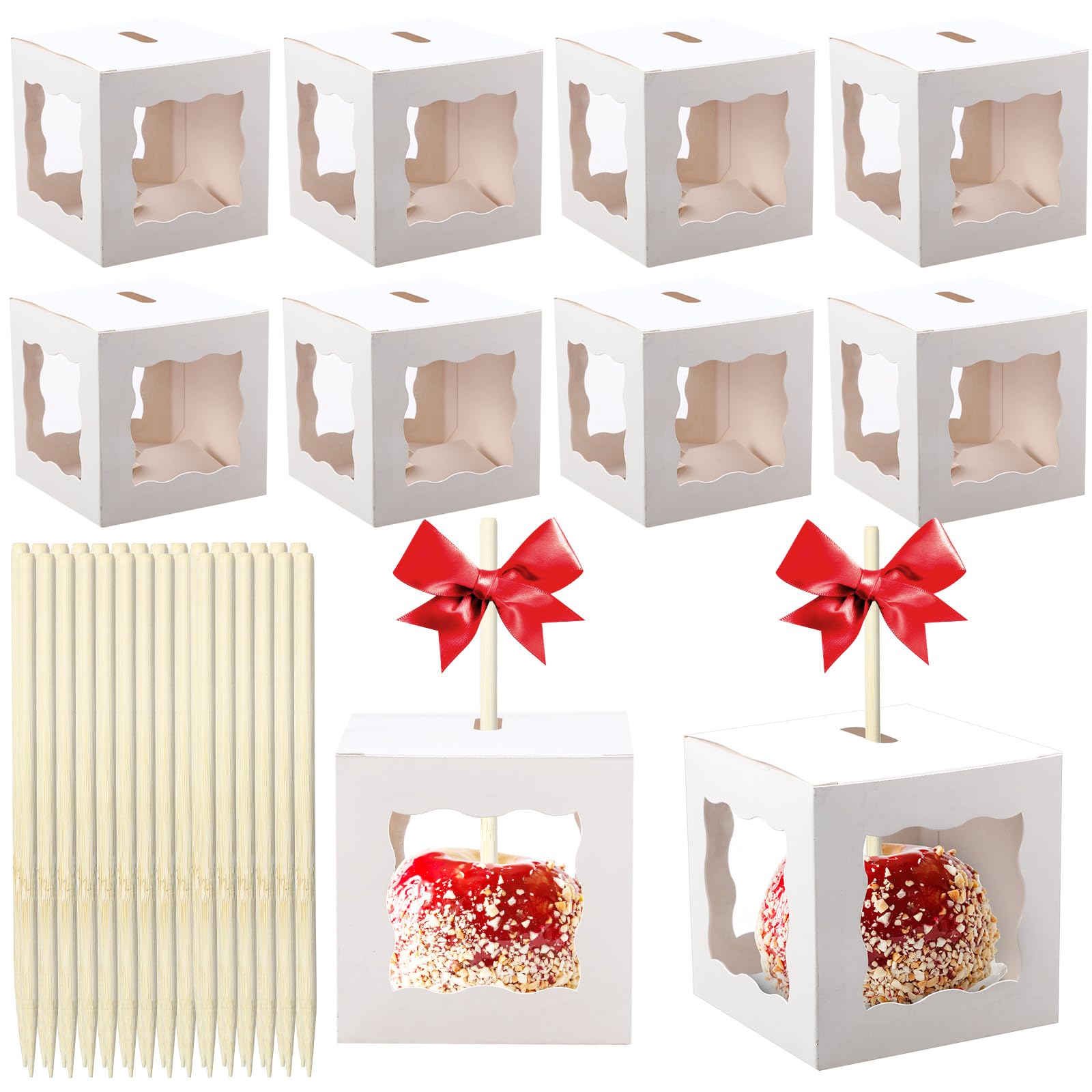 Photo 1 of Sliner 100 Sets 4 x 4 x 4 Inch Kraft Candy Apple Boxes with Holes Candy Sticks Caramel Apple Container Chocolate Gift Boxes with Clear Window for Autumn Christmas(White)