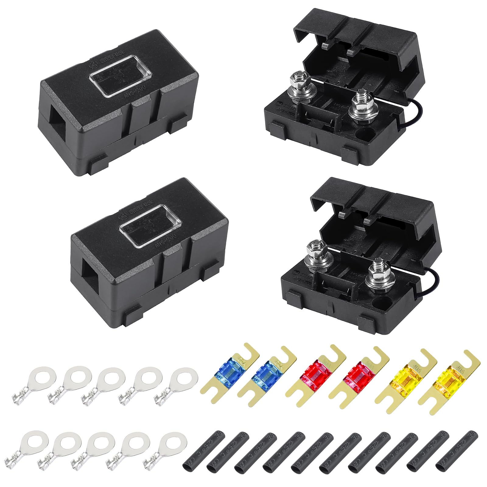 CoKeeSun Midi Fuse Holder, Car Fuse Holder 4Pcs, 40A, 50A, 100A Mega 6Pcs, High Current Bolt-On, With 10 Ring Terminals, 10 Heat Shrink Tubes, for Cars, Trucks, Vehicles, SUV