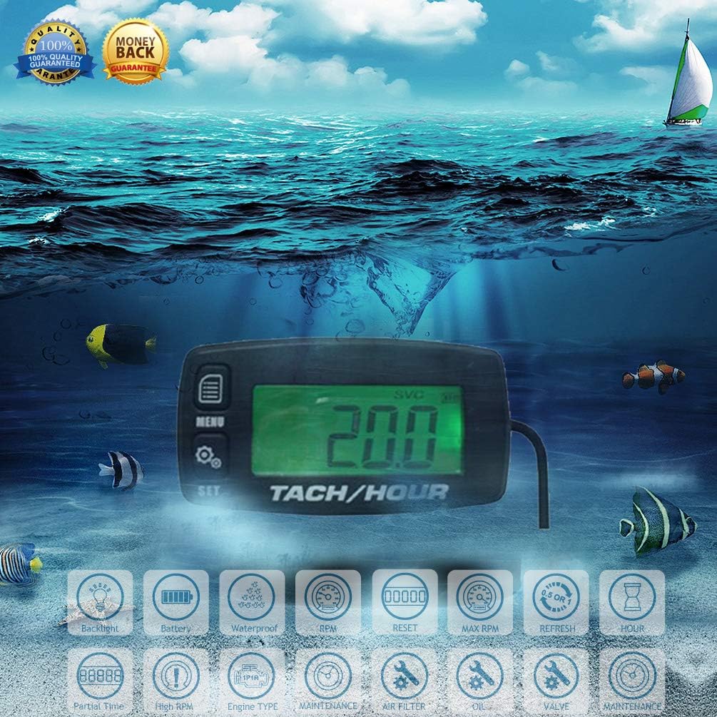 Engine Hour Meter Boat Inductive Tachometer Gauge Backlit Digital