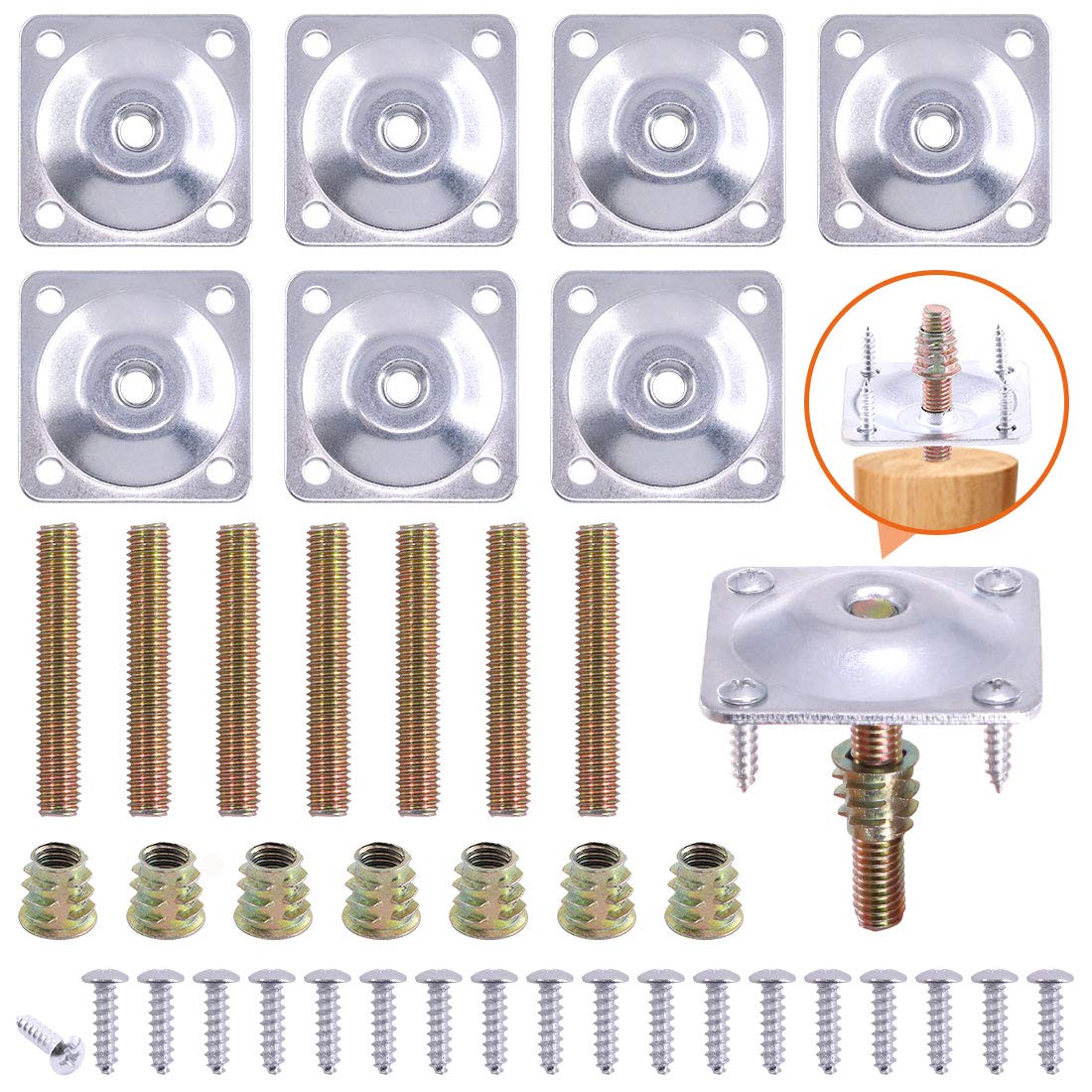 Rustark 8 Sets Leg Mounting Plates with Hanger Bolts Screws Furniture Legs Attachment Plates Industrial Strength T-Plate 5/16" (M8) for Sofa Couches Chair Seats