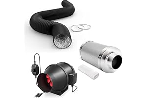 iPower Grow Tent Ventilation System, 4 Inch 200 CFM Inline Duct Fan with Speed Controller, 4" Silver Filter and 8Ft Black Ducting for Grow Tents, Black